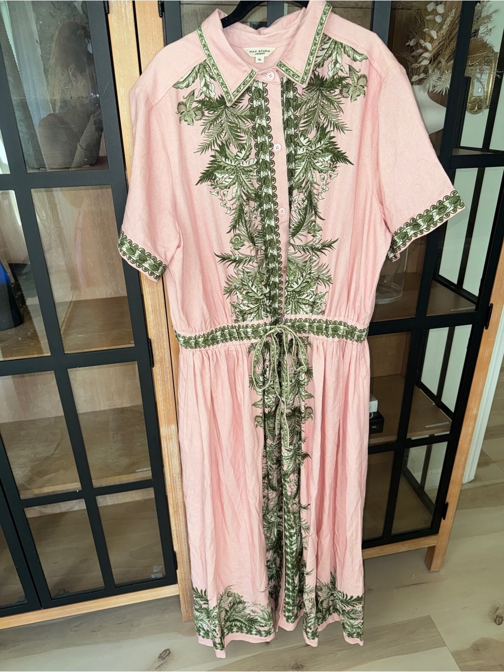 Linen maxi dress button down shirt collar tropical palm print pockets blush - Picture 13 of 15